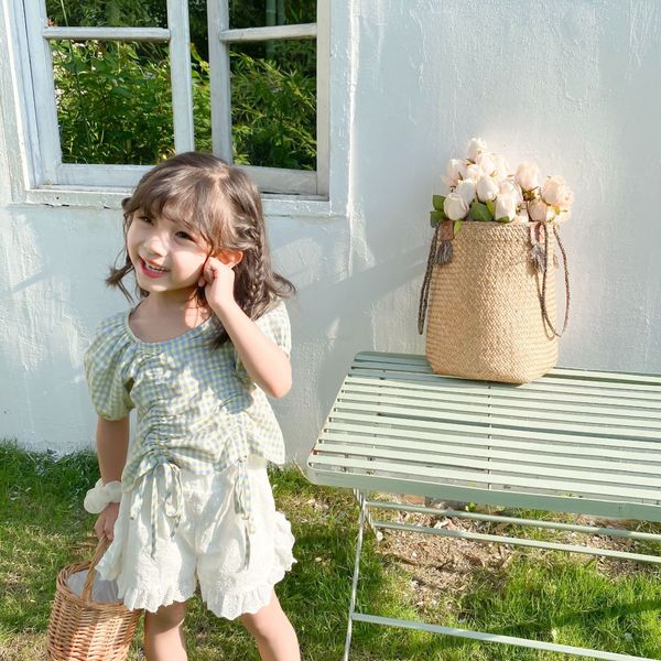 

wl7zp 2020 children's clothing new korean style baby bubble sleeve contrast color plaid drawstring short sleeve children's clothin, White;black