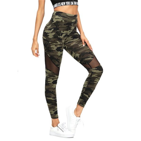 

camo print leggings multicolor mesh insert ankle length patchwork workout pants high waist sports women leggings, Black