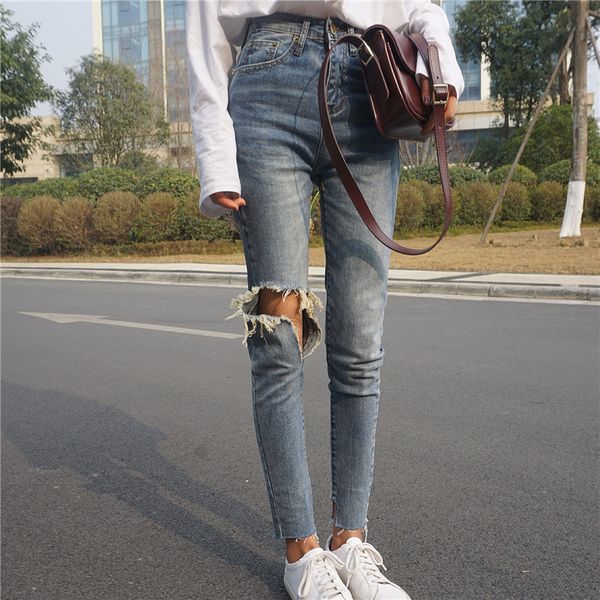 

women's jeans fashion hole women casual destroyed torn high waist pencil pants slim denim trousers, Blue