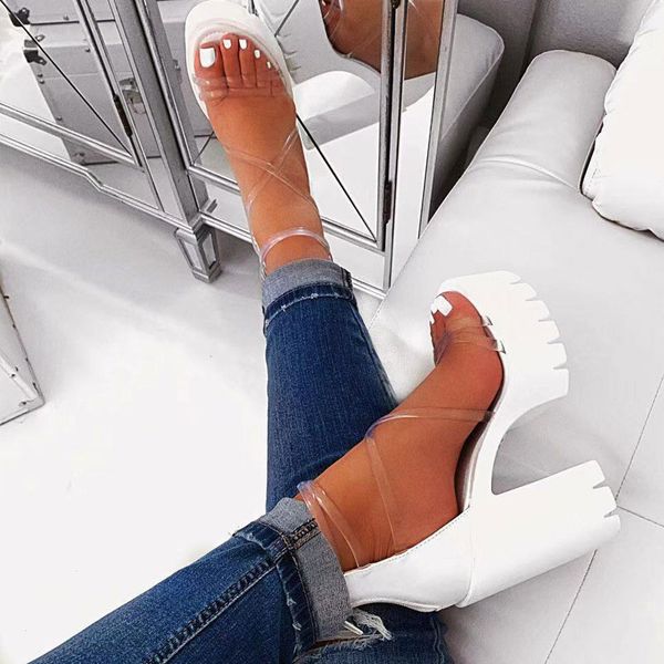 

orange pvc jelly sandasls peep toe thick high heels women shoes clear narrow band platform transparent sandals plus size 37-41 cs02, Black