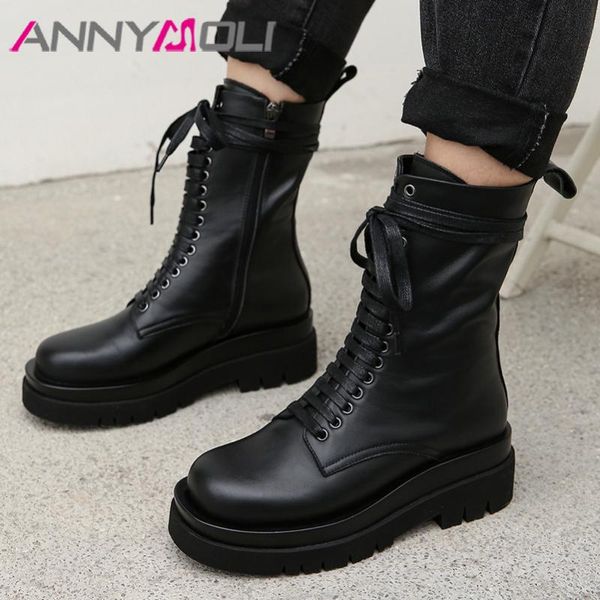 

annymoli motorcycle boots women shoes real leather platform thick high heel mid calf boots lace up zip lady winter autumn, Black