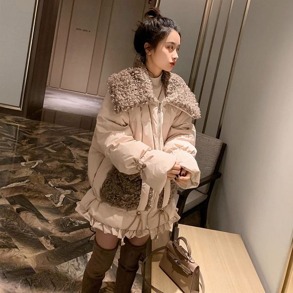 

5rvig down women's winter 2020 off-season korean style loose lamb fur small bread jacket riverside leaf down jacket short coat short co, Black