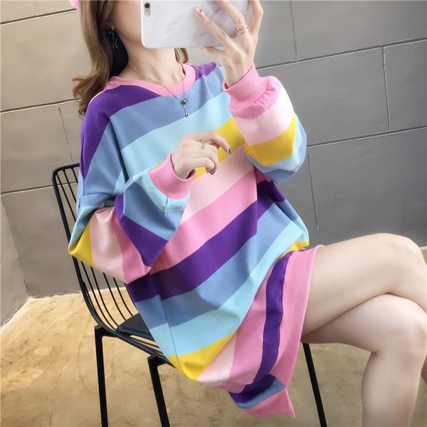 

cotton 2019 autumn thin rainbow striped long sleeve mid-length loose round neck women's large size sweater sweater women's top, Black