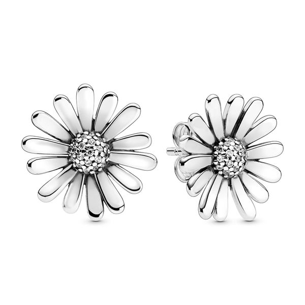 

authentic ale 925 sterling silver pave daisy flower statement stud earrings women's luxury fashion designer earrings with pandora gift, Golden;silver