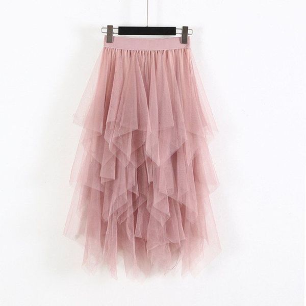 

women irregular tulle skirts fashion elastic high waist mesh tutu skirt pleated long skirts midi skirt, Black