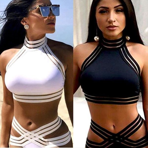

2020 new bikini set sey push up cross swimsuits halter bikini high waist hollow out swimwear beachwear maillot de bain, White;black