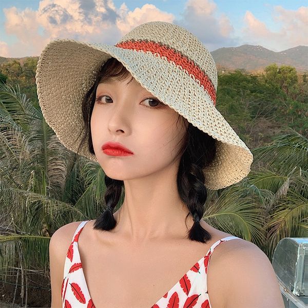 

summer korean style all-match beach for travel foldable sunscreen straw toque female female sun hat straw hat, Blue;gray