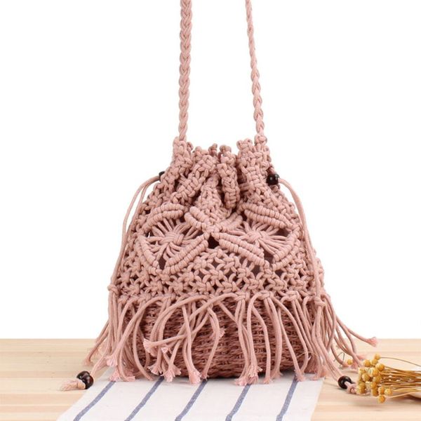 

women drawstring shoulder bag ladies straw weave tassel summer crossbody tote d0lf