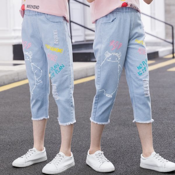 

girls shorts and jeans jeans thin girl capri pants children's western style shorts medium and large children's medium pants, Blue