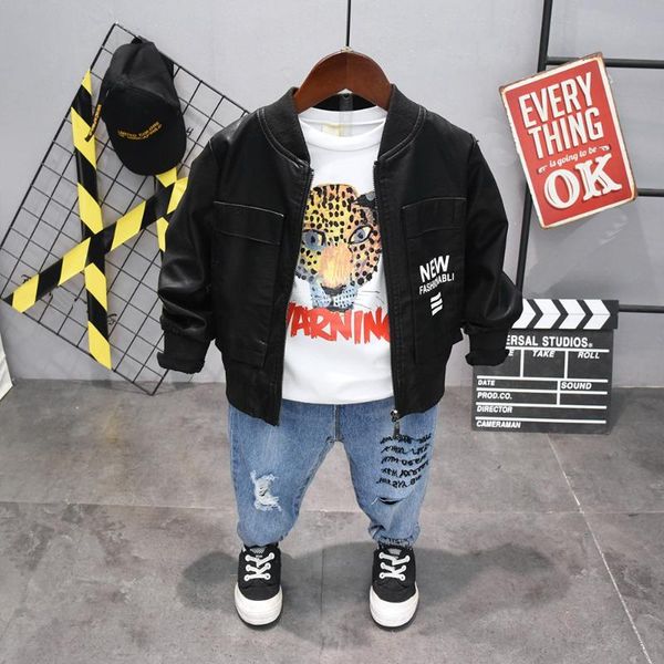 

autumn children's clothing suits children faux leather coat +t-shirt+ jeans pants 3pcs children tracksuit boys clothes set 2-6yr, White