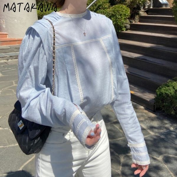 

matakawa new temperament wild long-sleeved frauen blusen autumn korean back button blue striped lace women blouses, White
