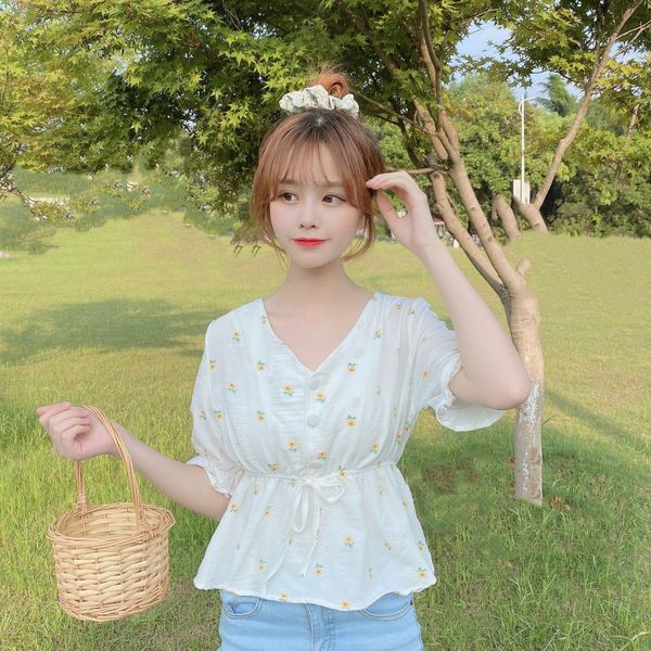 

korean style chemisier femme summer floral fashion v-neck short sleeve shirts women vrouwen blouses clothing, White