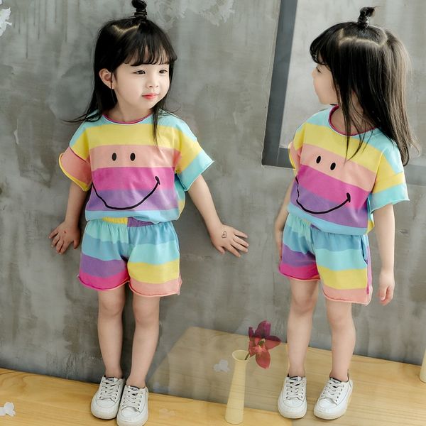 

2020 new children's short sleeve suit babies' striped printed smiling face rainbow 2-piece suit korean children's clothing