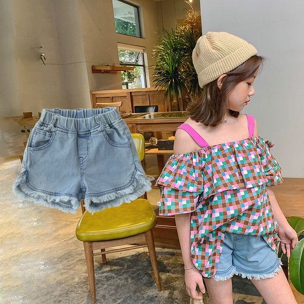 

новые и джинсы детские джинсы хлопок заусенцы корейский стиль растянуть крупные и средние девочки джинсовые шорты детские шорты, Blue