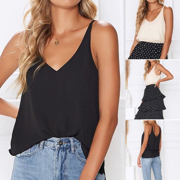 

2020 fashion womens v neck camisole tanksummer female solid color chiffon casual shirt slim wild trend vest banquet, White