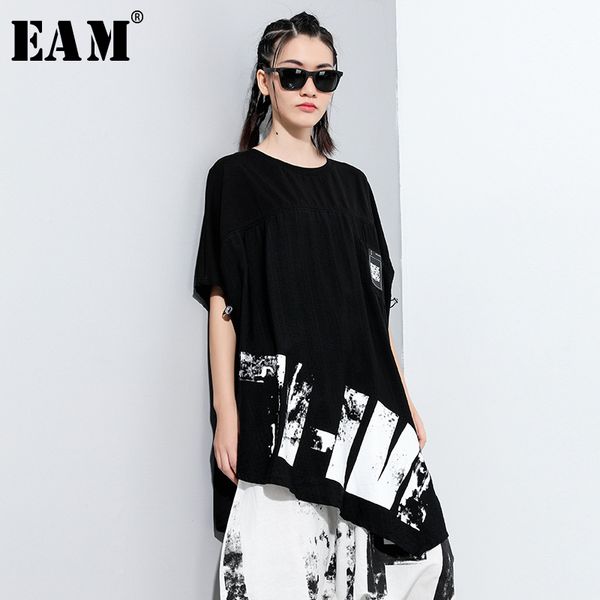 

eam] женщины black pattern printed нерегулярное большой размер футболки новый раунд шеи половина рукава мода tide весна лето 2020 1x908, White