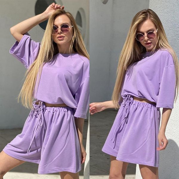 

fashion summer casual women lounge wear set short sleeve shirt and loose shorts drawstring 2 piece set outfits, White