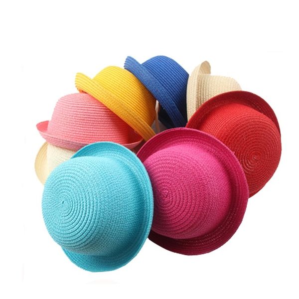 

head bee] fashion sun children straw baby summer hat for kids girls and boys lovely solid floppy beach cap, Blue;gray
