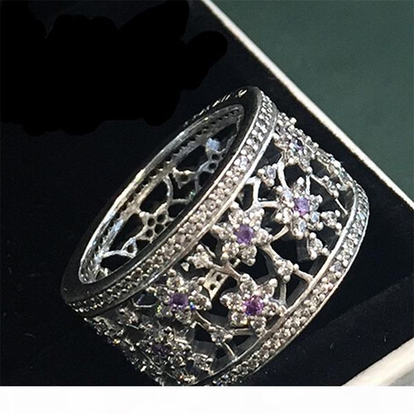 

100% 925 sterling silver forget me not ring with purple crystal and clear cz european designer style jewelry charm, Golden;silver