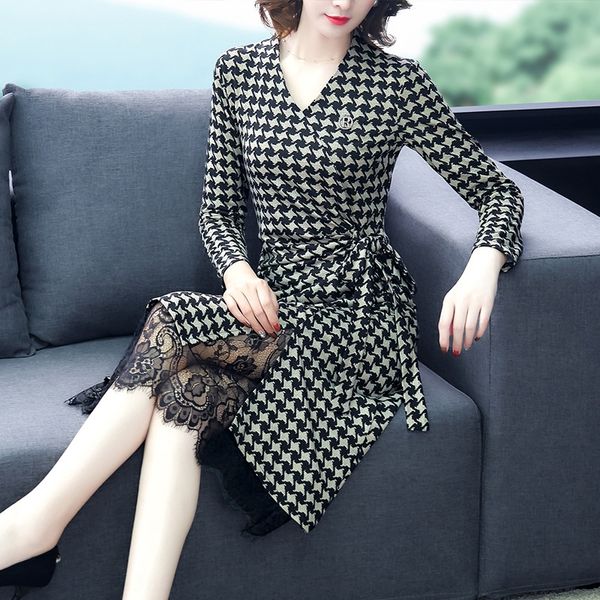 

lace издеваться два платье длинных кружев длинных юбки кусок ломаных с длинными рукавами платья 2019 осенью корейской длиной база юбка, Black