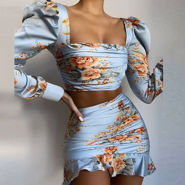 

women floral print long sleeve square collar crop & ruffles skirt sets two piece set, Black