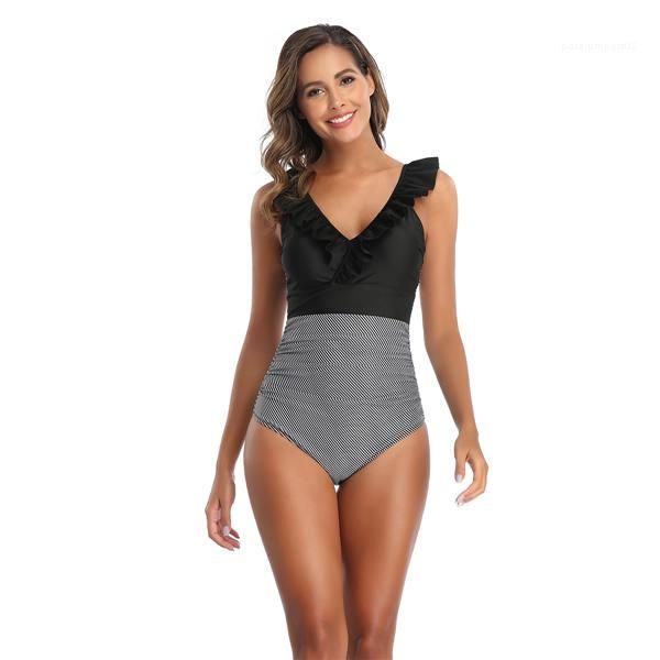 

swimwear v neck printed woman bikinis casual bathing sets womens one piece swimwear plus size patchwork color, White;black