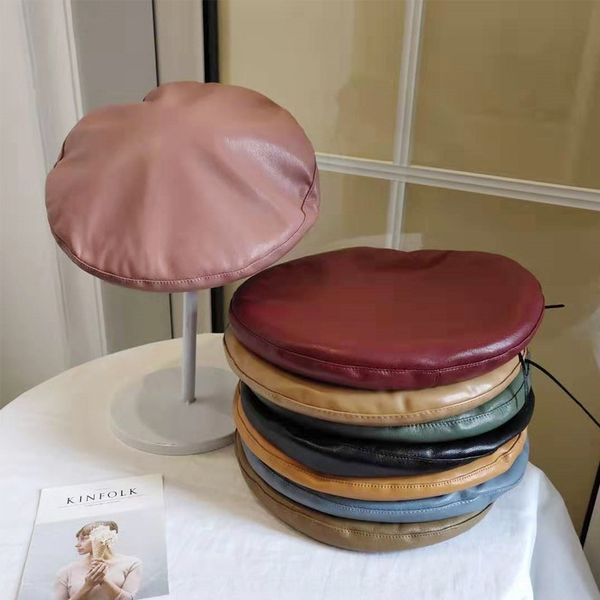 

pu leather hat female autumn online red beret korean casual all-match fashion leather red beret tide, Blue;gray