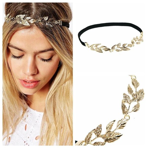 

2020 new hair decorate for women gold metal leaf hair band elastic band fashion rhinestone headband jewelry, Golden;silver