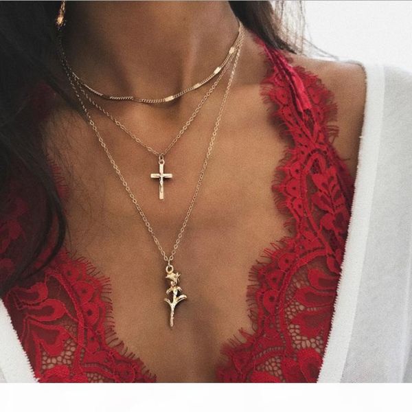 

rose flower cross pendant necklace multilayer choker clavicle chain necklace for women girl confirmation gift jewelry, Silver