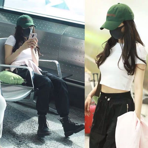 

star yang mi airport same black t-shirt sports pants high waist all-match overalls casual sports pants + white short t-shirt suit, Gray