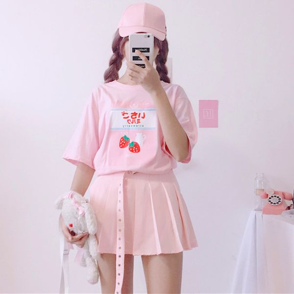 

women's t-shirt harajuku milk strawberry graphic t shirt summer soft sister female cute kawaii t-shirts short sleeve teenager girl pink, White