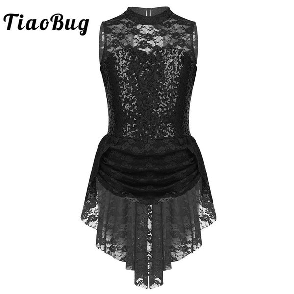 

stage wear tiaobug kids sleeveless sequins floral lace figure skating dress ballet gymnastics leotards for girls performance dance costume, Black;red
