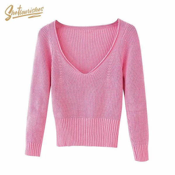 

sheflourishes women v neck pink sweater pullover long sleeve cropped female zoravicky autumn knitwear cute knitted 2020, White;black
