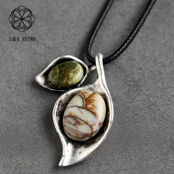 

vintage jewelry stone beads long necklace for women leaf plant pendant necklaces & pendants jewellery suspension chokers 2020, Silver