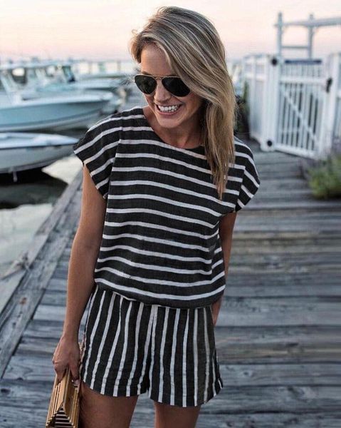 

sleeve o-neck women designer rompers summer cool casual ladies clothing striped open back womens jumpsuits short, Black;white
