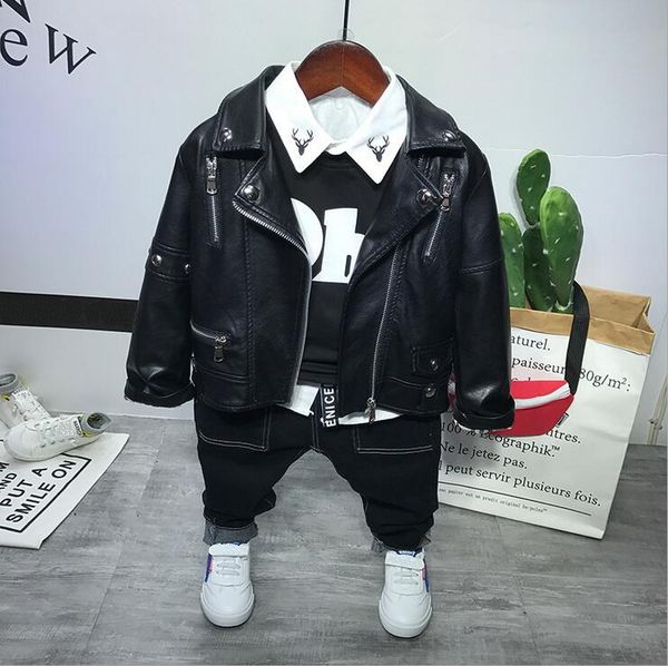

children clothing set boys sets spring autumn boys faux leather coat + t-shirt+ shirts+ jean 4pcs kids clothes 2-6years, White