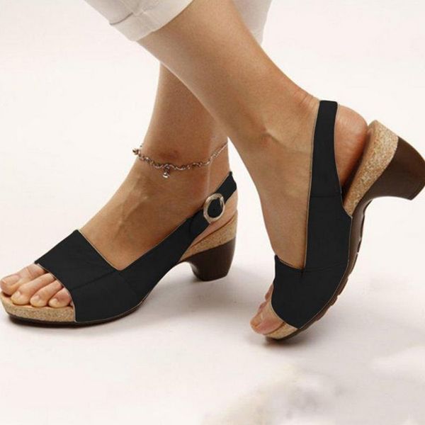 

women sandals shoes woman summer retro middle heels open toe ladies shoes buckle strap female casual soft flats footwear, Black