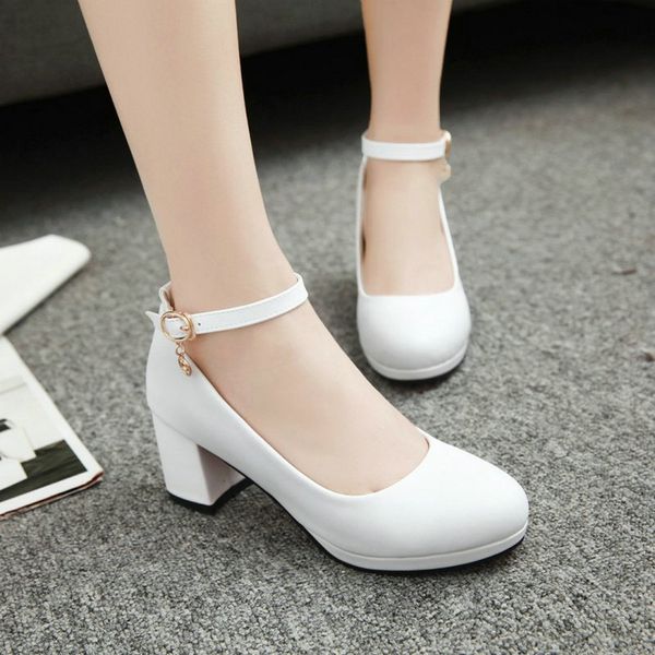 

zawsthia pu кожа дешевые дамы насосы красный белый круглый носок квадратный средние каблуки офис леди насосы женщин мэри джейн обувь каблуки, Black