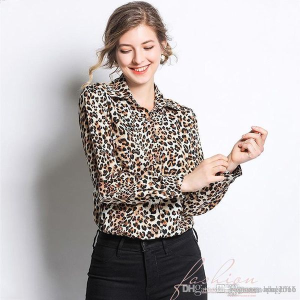 

женская рубашка повседневная хепберн ветер летняя мода рубашка леопардовый polo воротник печати тонкий с длинным рукавом joker длинным рукав, White