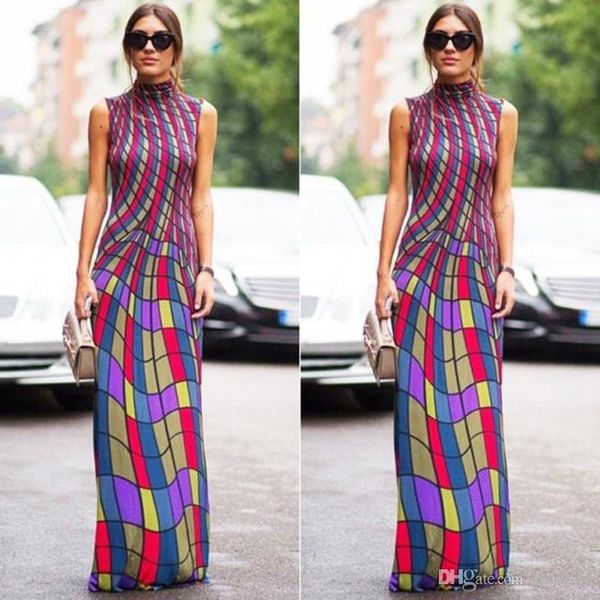 

women dress summer stand collar sleeveless vest plaid striped print elegant lady bodycon waist casual long dresses skirt size s-xl, Black;gray