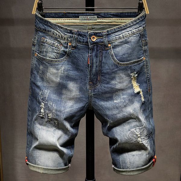 

new arrival fashion jeans shorts men summer thin holes loose elastic knee length casual plus size 28-33 34 36 38 40, Blue
