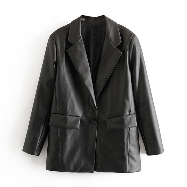 

women's suits & blazers women fashion pu faux leather blazer suit long sleeve streetwear black jacket coat notched collar loose pockets, White;black