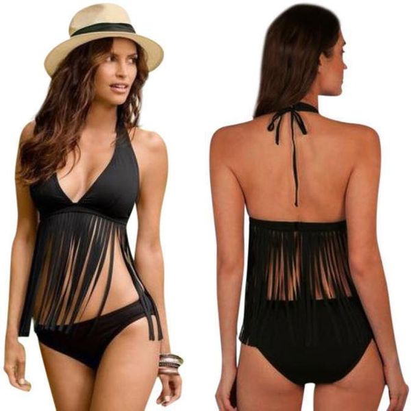 

2020 summer black bikini set for women tassel polyester halter push up beach bathing suit solid bandage bikini, White;black
