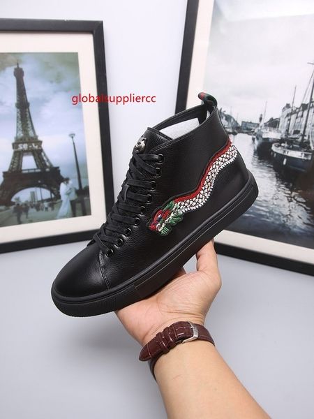 

men leather high-sneaker with bee blooms snake dragon tiger head feline shoes fashion ace, Black;green