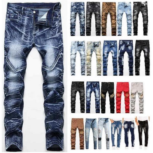 

men jeans hole ripped stretch destroyed hip hop jeans design men's slim stretch slim denim pants brand more styles, Blue
