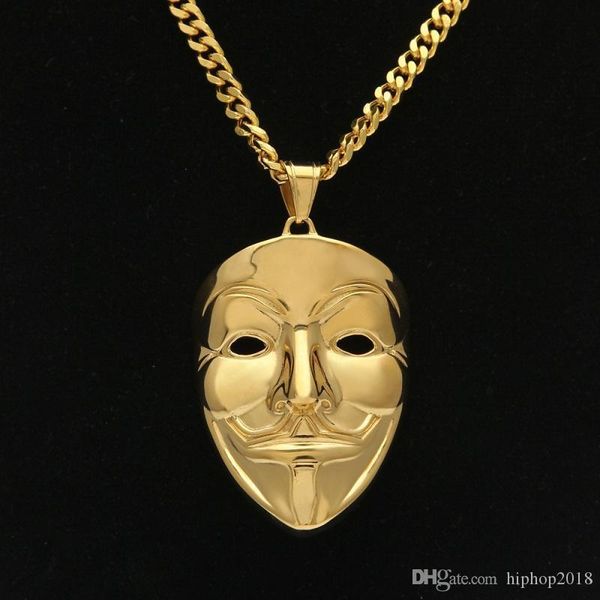 

новые мужские хип-хоп ювелирных изделий gold кубинский link chain v vendetta маски ожерелье ювелирных изделий способа, Silver