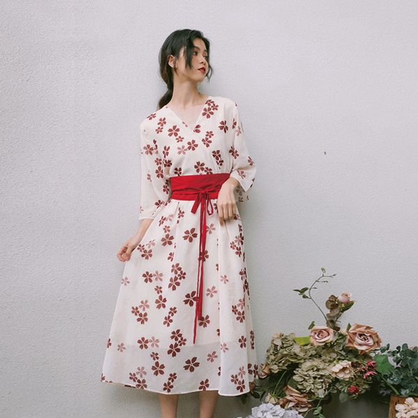 

womens dresses new arrival 2020 summer dresses floral chiffon long a line obi yukata vintage japanese ff2191, Red