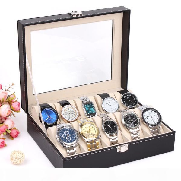 

new luxury 10 grid leather watch box jewelry display collection storage case watch organizer box holder reloj caixa relogios, Black;white