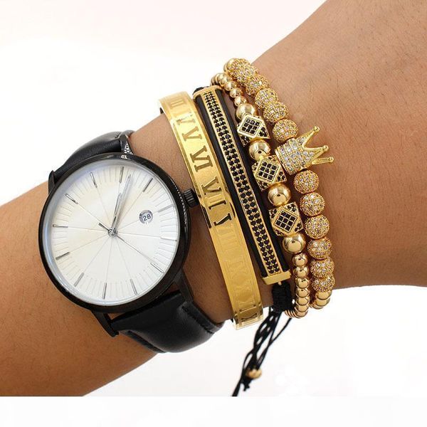 

4pcs set roman number stainless steel bracelet women men couple bangle gold crown bracelet luxury jewelry, Golden;silver
