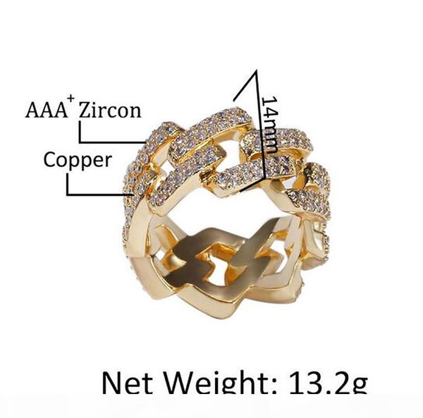 

e mens 2 row cz bling cuaban link rings gold iced out cuban ring micro pave cubic zirconia simulated diamonds trend hiphop ring, Golden;silver